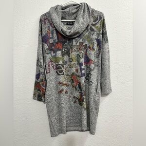 Inoah Womens Top Small Gray Colorful Abstract Oversized Stretch Cowl Neck Artsy